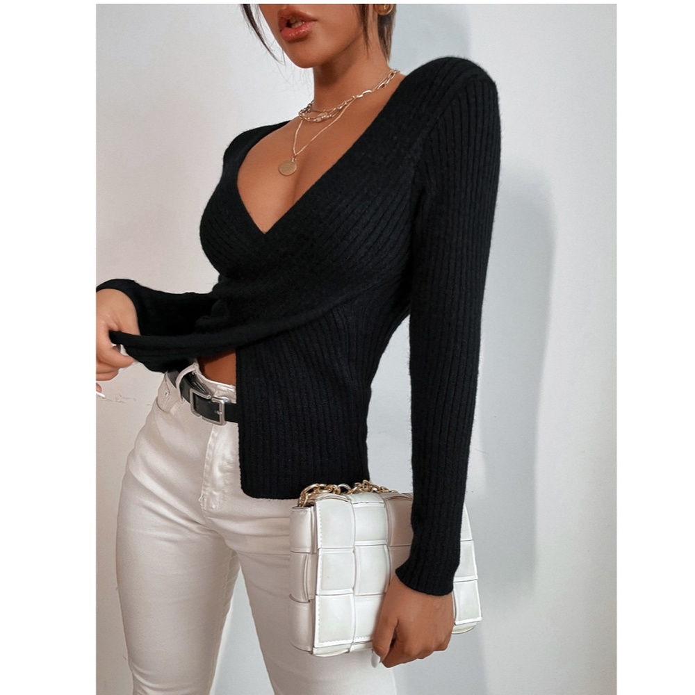 Black Criss Cross Front V-Neck Rib Knit Sweater To - Picture 5 of 9